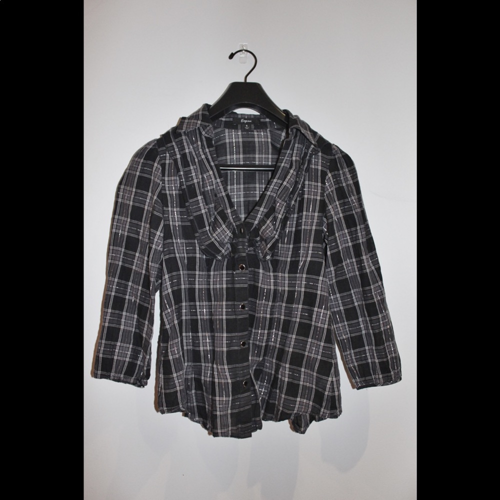 Express Metallic Plaid Button Down Top